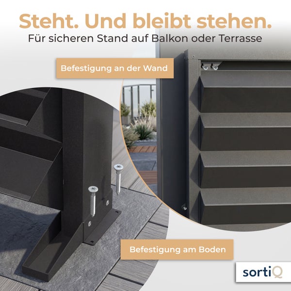 Detailansicht der Befestigung von SortiQ Sichtschutz am Boden und an der Wand für einen sicheren Stand auf Terrasse oder Balkon.