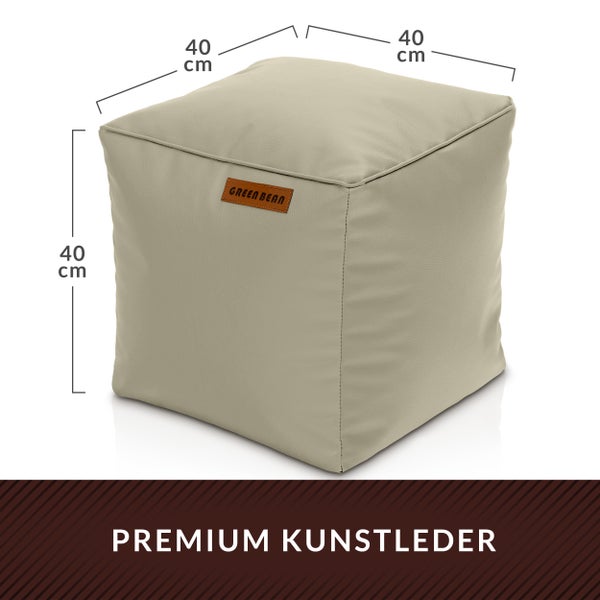Würfelförmiger Hocker aus Kunstleder mit den Maßen 40 x 40 x 40 cm und Green Bean Logo