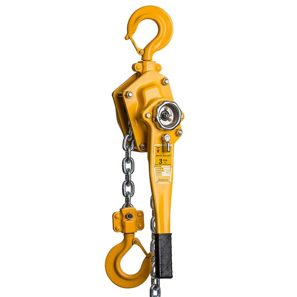 Gelber Kettenzug mit Haken und Kette zum Heben schwerer Lasten