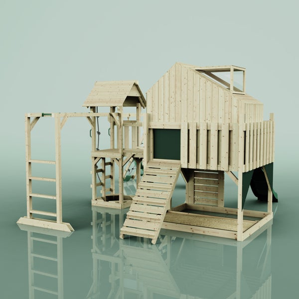 Spielhaus aus Holz mit Rutsche, Kletterwand und Schaukel