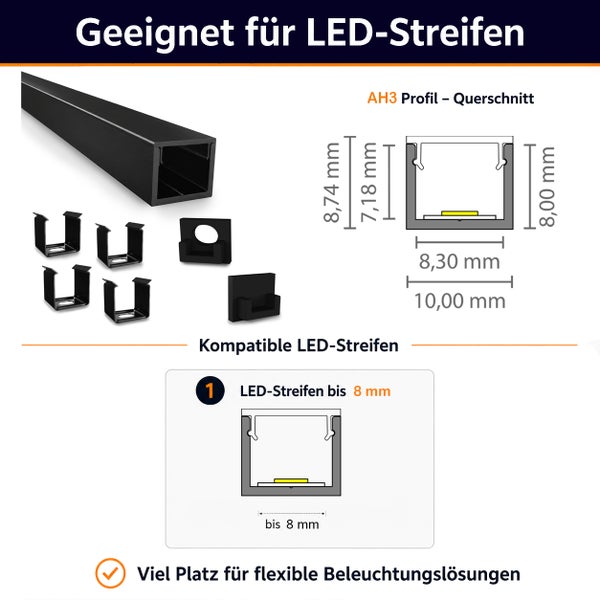 LED Profil AH3 für LED Streifen bis 8 Millimeter Breite mit Montagezubehör und Maßzeichnung