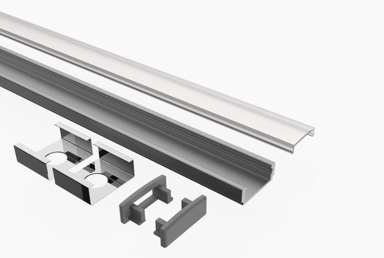 TIVENDIS Led Alu Profil 2 m AF2 Komplett Set für Strip / Streifen bis 12 mm breit | Abdeckung satiniert milchig, Endkappen, Befestigungclips | U-Form Aufputz Deckenleiste Wandprofil eloxiert