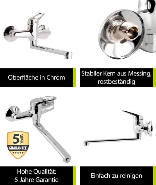 aquaSu® Küchenarmatur Alaska, Wasserhahn Küche, Spültischarmatur zur Aufputz-Wandmontage, langer Auslauf schwenkbar, Einhebelmischer für Spüle mit Messingkern und Wasserspar-Mischdüse, chrom, 796095