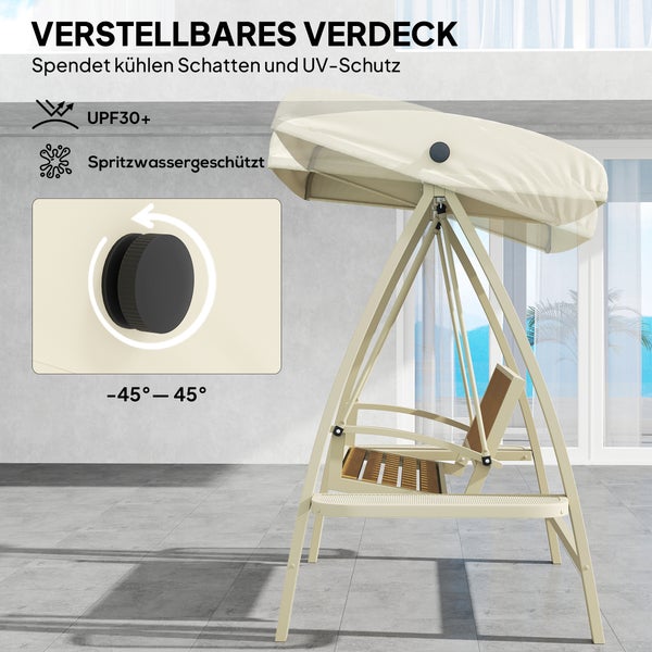 Outsunny Hollywoodschaukel 2-Sitzer Gartenschaukel mit verstellbarem Sonnendach, Seitentisch, Schaukelbank belastbar bis 240kg, für Garten, Terrasse, 200 x 120 x 190cm, Beige