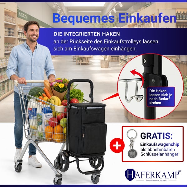 Mann schiebt Einkaufswagen mit angehängtem schwarzen Einkaufstrolley. Detail zeigt drehbare Haken zum Einhängen und gratis Einkaufswagenchip.