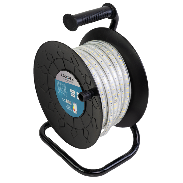 Luxula LED-Streifen auf Kabeltrommel mit Standfuß und Tragegriff.