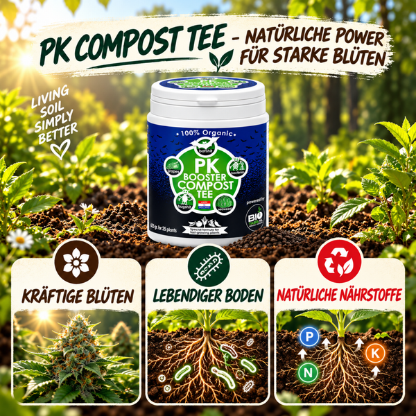 Dose mit PK Komposttee als Bio Dünger für Pflanzen zur Förderung von Blütenbildung und Bodenaktivität in einer natürlichen Gartenumgebung.