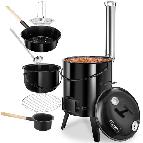 Tectake Kesselgulasch Set mit Ofen Kochtopf und Deckel sowie Zubehör wie Schöpfkelle und Grillrost zur Zubereitung von Eintopfgerichten
