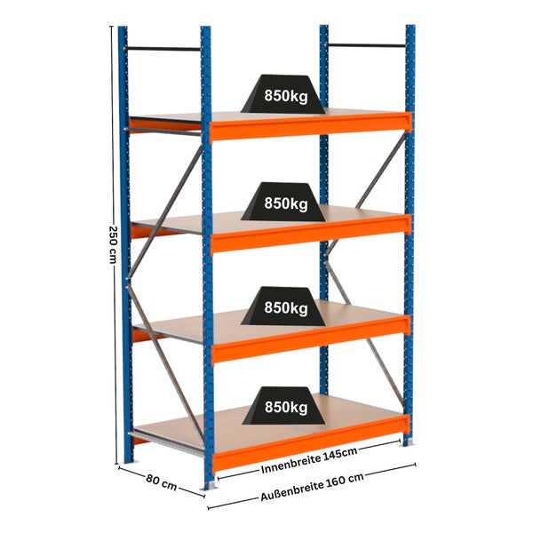 Lagerregal mit vier Ebenen, belastbar mit je 850 kg