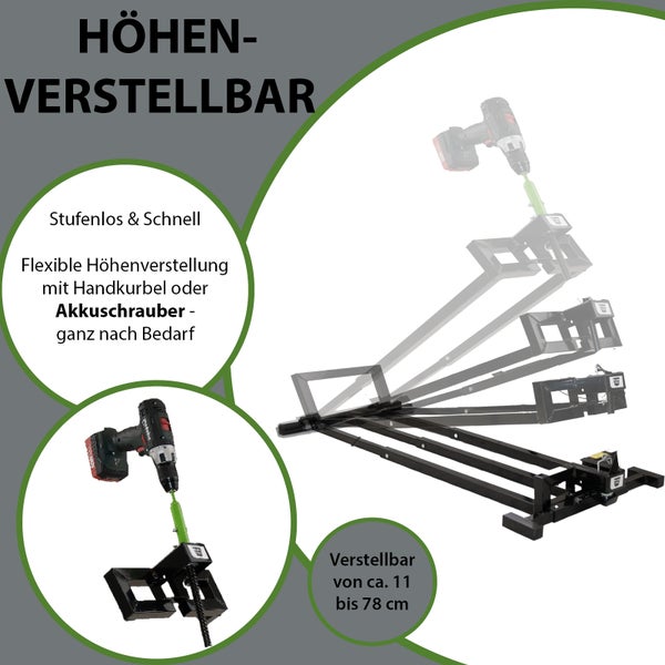 Höhenverstellbare Montagehilfe für Platten mit Akkuschrauberbedienung von 11 bis 78 Zentimeter einstellbar.