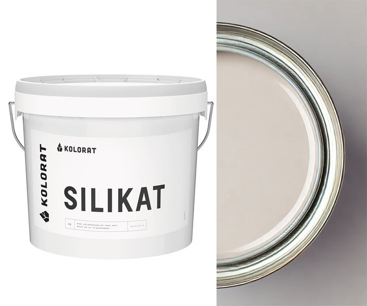 Ein Eimer Kolorat Silikat Wandfarbe fuer innen in fuenf Liter mit offener Ansicht auf den Inhalt.