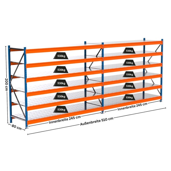 Abbildung eines Schwerlastregals mit sechs Regalböden und den Maßangaben: Höhe 200 cm, Tiefe 80 cm, Innenbreite 245 cm, Außenbreite 510 cm. Die Traglast beträgt 530 kg pro Regalboden.