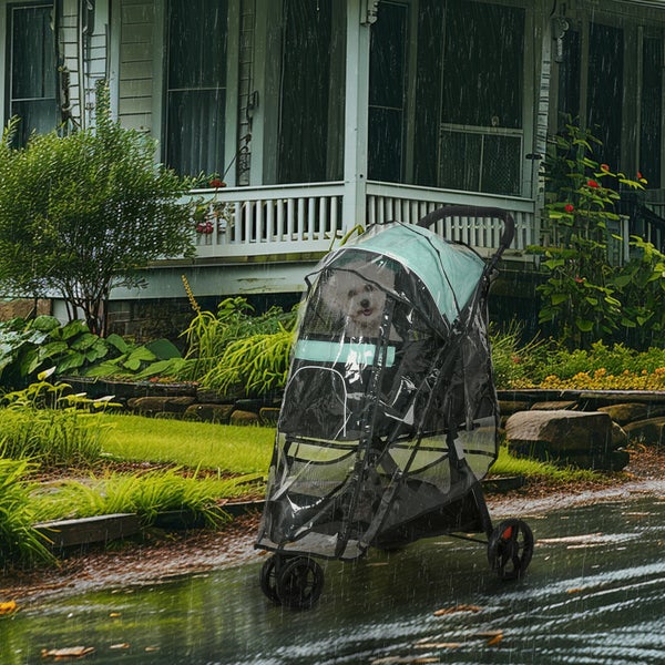 PawHut 2 in 1 Hundewagen Hundebuggy mit Regenschutz klappbar für Hunde & Katzen bis 10 kg Katzenbuggy mit Kissen Netzfenstern Türen Aufbewahrungskorb Katzenwagen Buggy Grün