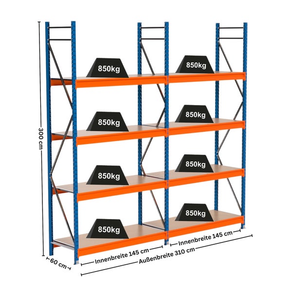 Schwerlastregal mit vier Ebenen und einer Traglast von 850 Kilogramm pro Ebene