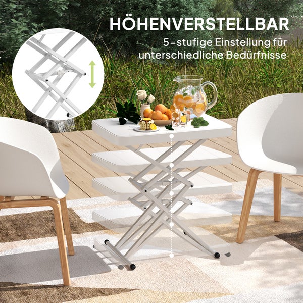 Outsunny Beistelltisch Garten höhenverstellbar Gartentisch, klappbar Balkontisch aus Kunststoff, rechteckig Kaffeetisch 50kg belastbar, 65x45x70H cm Sofatisch für Outdoor Indoor Balkon Terrasse Weiß
