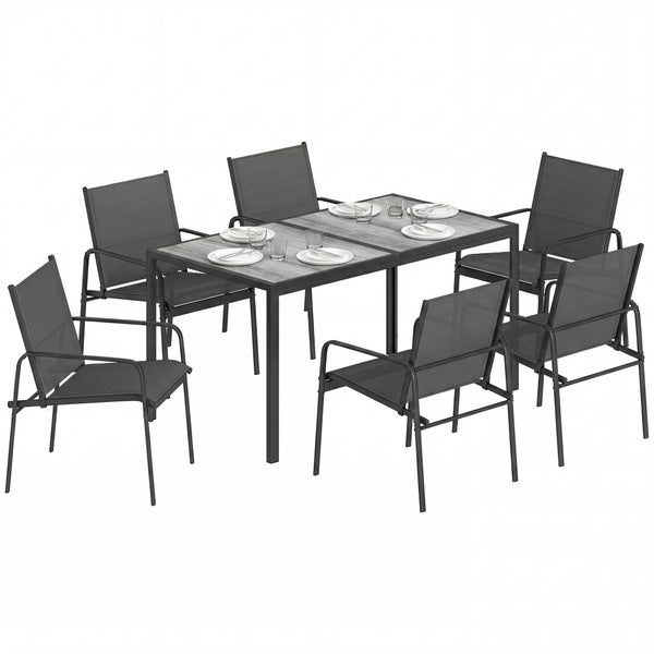 Gartenmöbel-Set bestehend aus einem rechteckigen Tisch in grauer Holzoptik und sechs grauen Stühlen mit Textilbespannung.