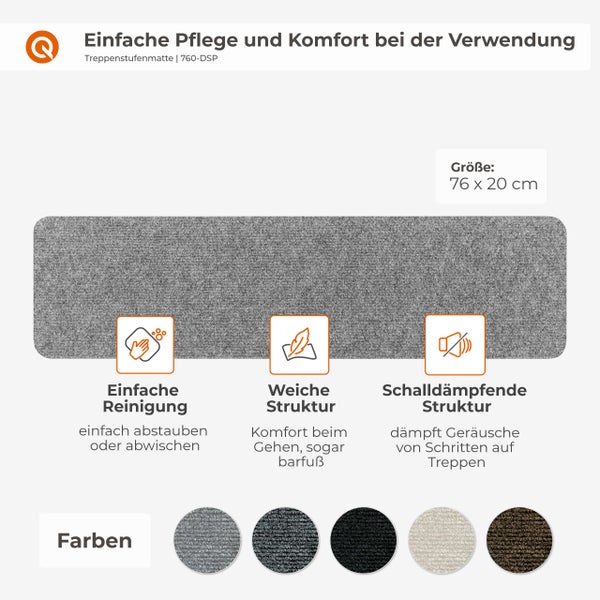 Treppenstufenmatte 76 mal 20 Zentimeter mit Eigenschaften wie einfacher Reinigung, weicher Struktur und Schalldämmung in verschiedenen Farben.