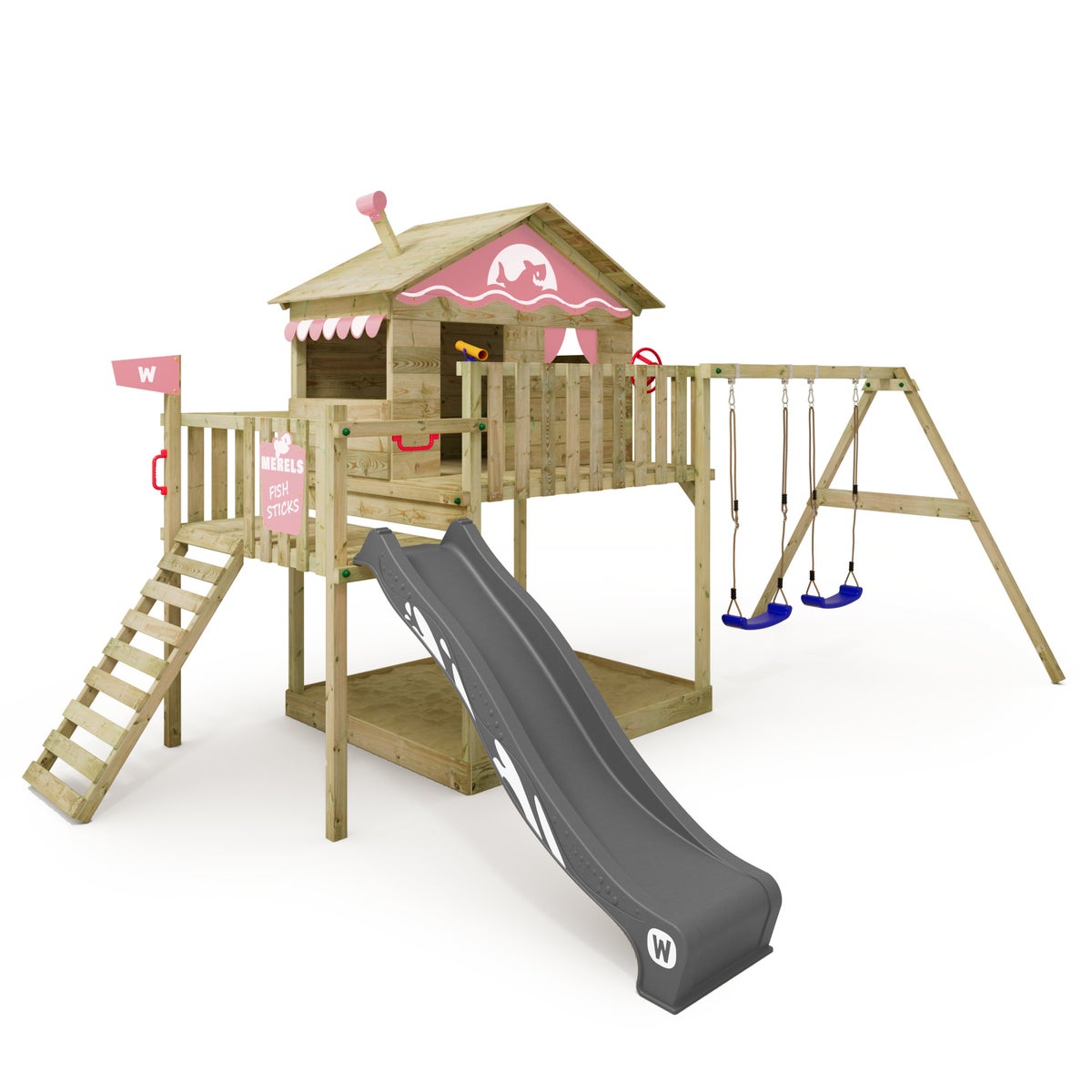 WICKEY Spielturm Klettergerüst Smart Coast mit Schaukel und Rutsche, Stelzenhaus mit Sandkasten, Kletterleiter und Spiel-Zubehör – pastellpink