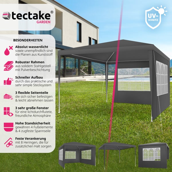 Pavillon tectake Baraban inklusive Spannseile und Heringe 3 x 3 m grau