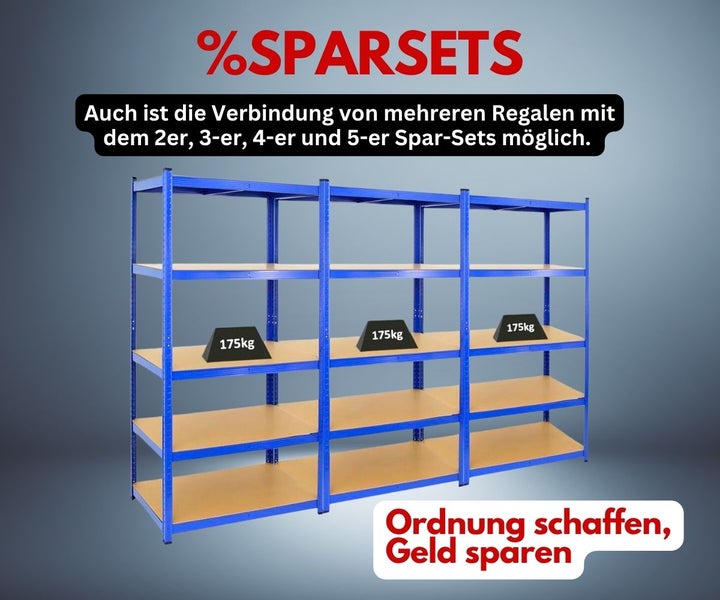 Blaues Schwerlastregal Sparset aus Metall mit Holzfächern, Traglast 175 kg pro Boden, flexibel erweiterbar.