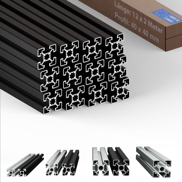 Aluminiumprofile 40 x 40 mm, Länge zwölf mal zwei Meter, Verpackung mit Made in Europe Siegel