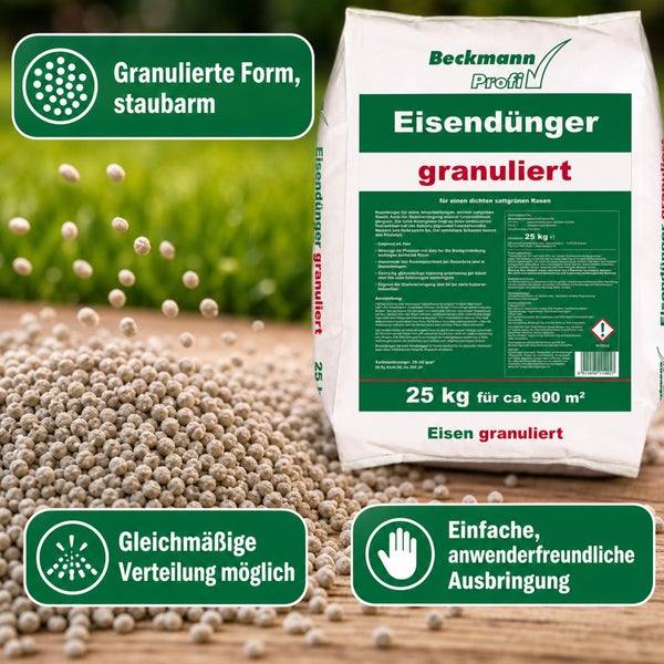 Beckmann Profi Eisendünger granuliert 25 kg für 900 Quadratmeter zur Rasenpflege für einen dichten und sattgrünen Rasen.