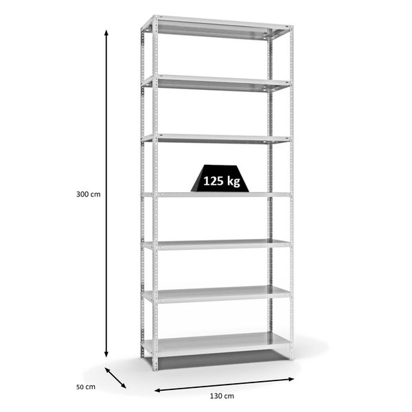PROREGAL Fachbodenregal Schraubsystem Light-Duty Grundregal HxBxT 300 x 130 x 50 cm 7 Ebenen Fachlast 125 kg Beidseitig Nutzbar Lichtgrau