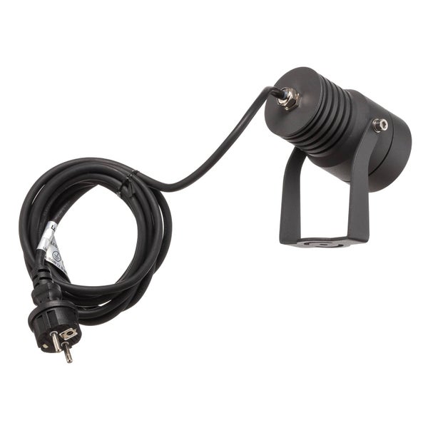 LED-Außenstrahler in Dunkelgrau mit verstellbarem Haltebügel und Anschlusskabel mit Stecker.