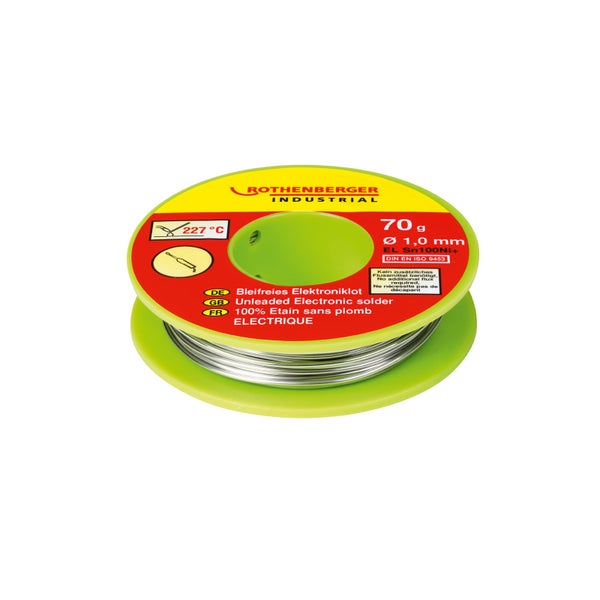 Rothenberger Industrial bleifreies Elektroniklot, 70 Gramm, Durchmesser 1,0 Millimeter, Schmelzpunkt 227 Grad Celsius.