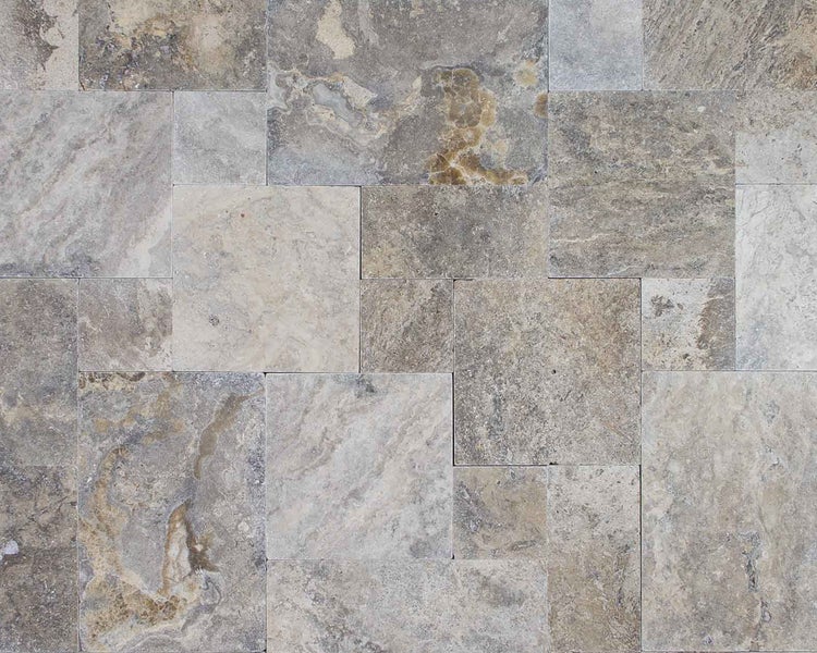 Wohnrausch Travertin Terrassenplatten RUSTIC SILVER Römischer Verband 3 cm, getrommelt, grau, beige, bernstein-braun