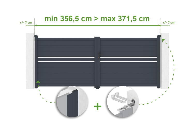 Illustration eines Gartentors mit Breitenangaben zwischen 356,5 Zentimeter und 371,5 Zentimeter