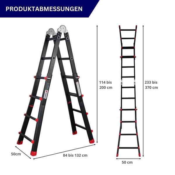 Teleskop-Mehrzweckleiter mit Abmessungen: Stehleiterhöhe 114 bis 200 Zentimeter, Gesamthöhe bis 370 Zentimeter, Breite 50 Zentimeter.