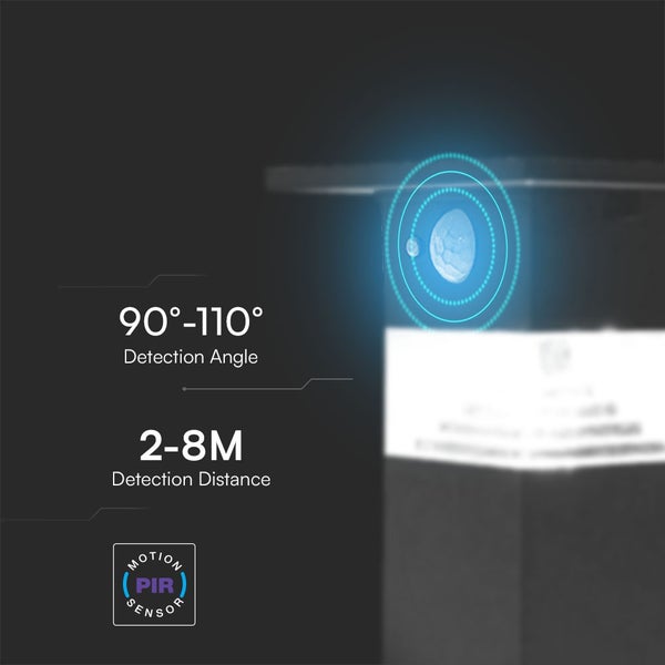 90 bis 110 Grad Erfassungswinkel und 2 bis 8 Meter Erfassungsabstand. PIR Sensor zur Bewegungserkennung.