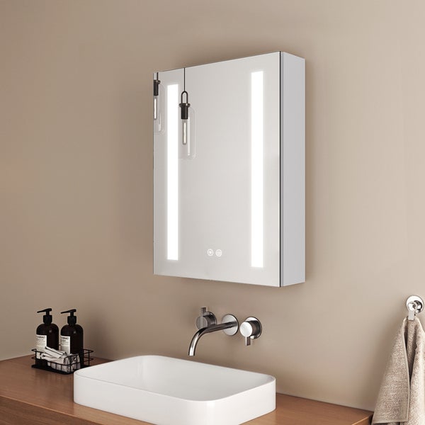 EMKE Badspiegelschrank mit LED Beleuchtung, 40x60x14,5 cm, beschlagfrei, Touchschalter, 3 Lichtfarben, Badspiegel mit Ablage, Spiegelschrank mit Steckdose und USB Anschlüsse