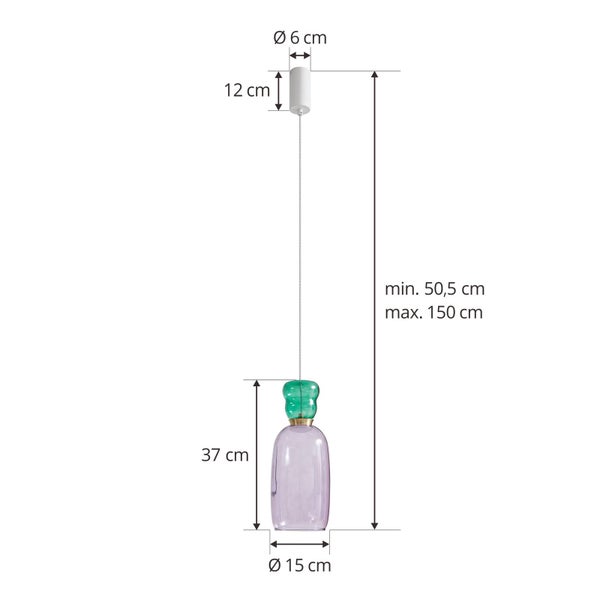Pendelleuchte mit Glasschirm und Maßen: Schirmhöhe 37 Zentimeter, Durchmesser 15 Zentimeter, Gesamthöhe 50,5 bis 150 Zentimeter.