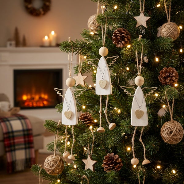 Weihnachtsbaum geschmückt mit Holzengeln, Sternen und Zapfen in einem Wohnzimmer mit Kamin im Hintergrund.
