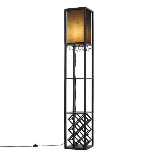 Moderne Stehleuchte mit integriertem Weinregal und Glashalter, schwarzes Metallgestell und beleuchteter Stoffschirm.