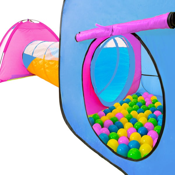 Spielzelt tectake  370 x 115 x 107 cm mit Tunnel, Iglu, 200 Bällen und abnehmbarem Dach blau