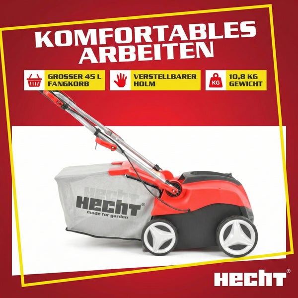 Hecht Vertikutierer mit einem 45 Liter Fangkorb und einem Gewicht von 10,8 Kilogramm