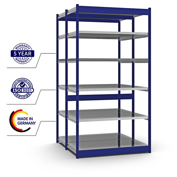 PROREGAL Fachbodenregal Stecksystem Vierkant-Profil Grundregal HxBxT 250 x 132,5 x 60 cm 2x6 Ebenen Doppelseitige Bauart Fachlast 200 kg Enzianblau