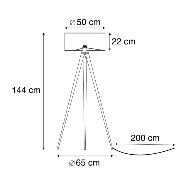 Skizze einer Stehlampe mit den Maßen 144 cm Höhe, 50 cm Lampenschirmdurchmesser und 65 cm Basisdurchmesser