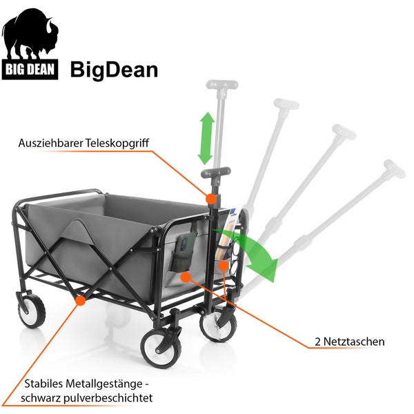 BigDean Bollerwagen faltbar grau belastbar bis 80kg – Bollerwagen platzsparend zusammenklappbar für Ausflüge, Camping & Einkäufe