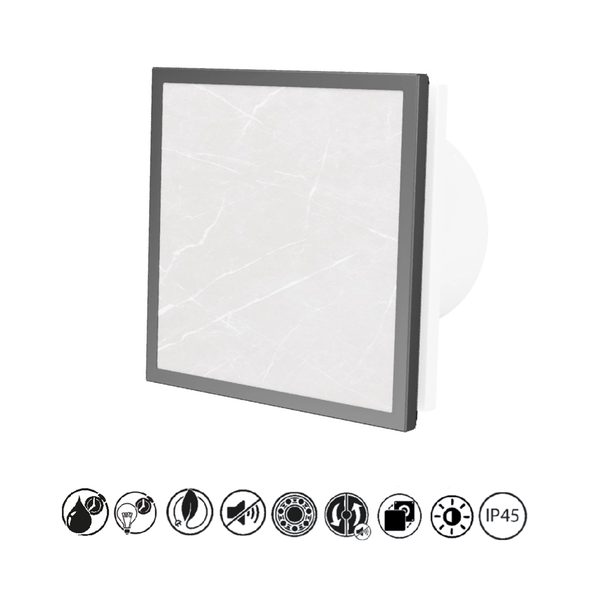 Quadratischer Kleinraumventilator in Marmor-Optik mit Feuchtigkeitssensor, Zeitschaltuhr, Kugellager, geräuscharm und Schutzart IP45.