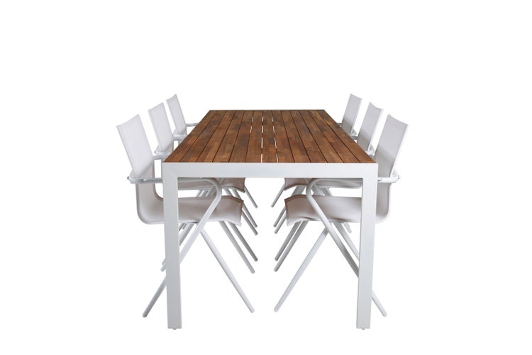 Bois Gartenset Tisch 90x205cm und 6 Stühle Alina weiß, natur. 90 X 205 X 76 cm