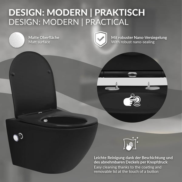 LuxeBath Wand WC Spülrandlos mit Bidet-Funktion, Schwarz matt, lang 53,5 cm, Tiefspüler Keramik Hänge WC, Dusch WC Nano Beschichtung, Tornadospülung, Kloschüssel Hängend mit WC-Sitz Absenkautomatik