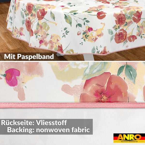 Tischtuch mit Blumenmuster, Paspelband und Rückseite aus Vliesstoff sowie ANRO Logo.