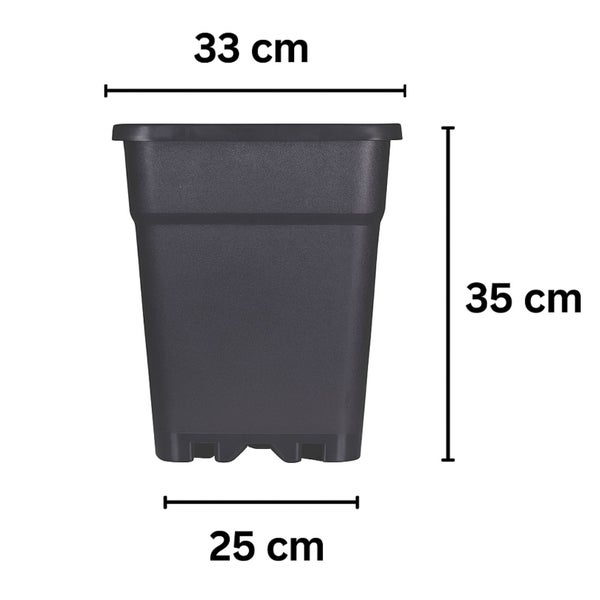 Quadratischer Pflanztopf aus Kunststoff mit Maßen: oben 33 Zentimeter breit, unten 25 Zentimeter breit und 35 Zentimeter hoch.