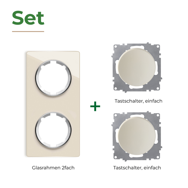 Set bestehend aus einem zweifachen Glasrahmen und zwei Tastschaltern für die Elektroinstallation.