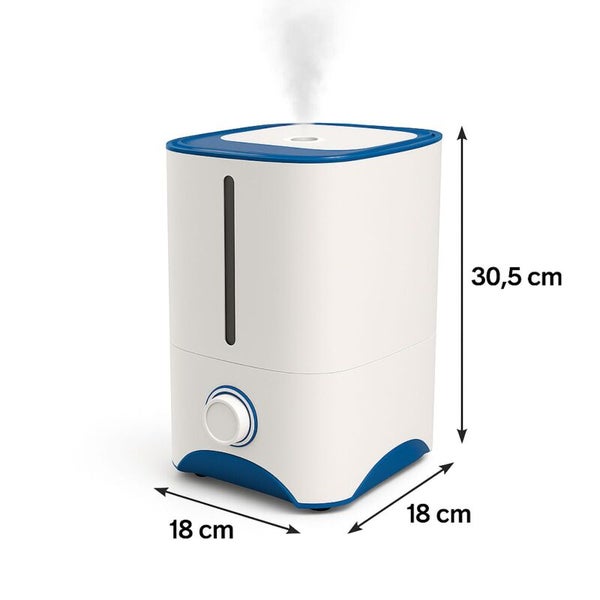 Weißer und blauer Luftbefeuchter mit Dampfausstoß, Breite 18 Zentimeter, Tiefe 18 Zentimeter, Höhe 30,5 Zentimeter.
