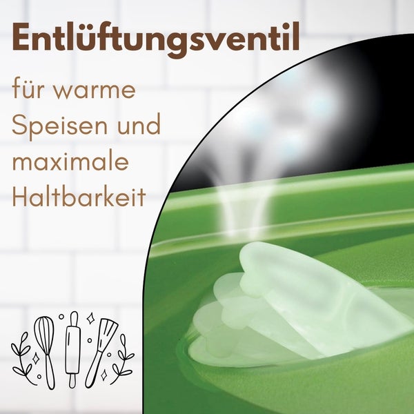 Entlüftungsventil für warme Speisen und maximale Haltbarkeit mit Illustration von Küchenutensilien.